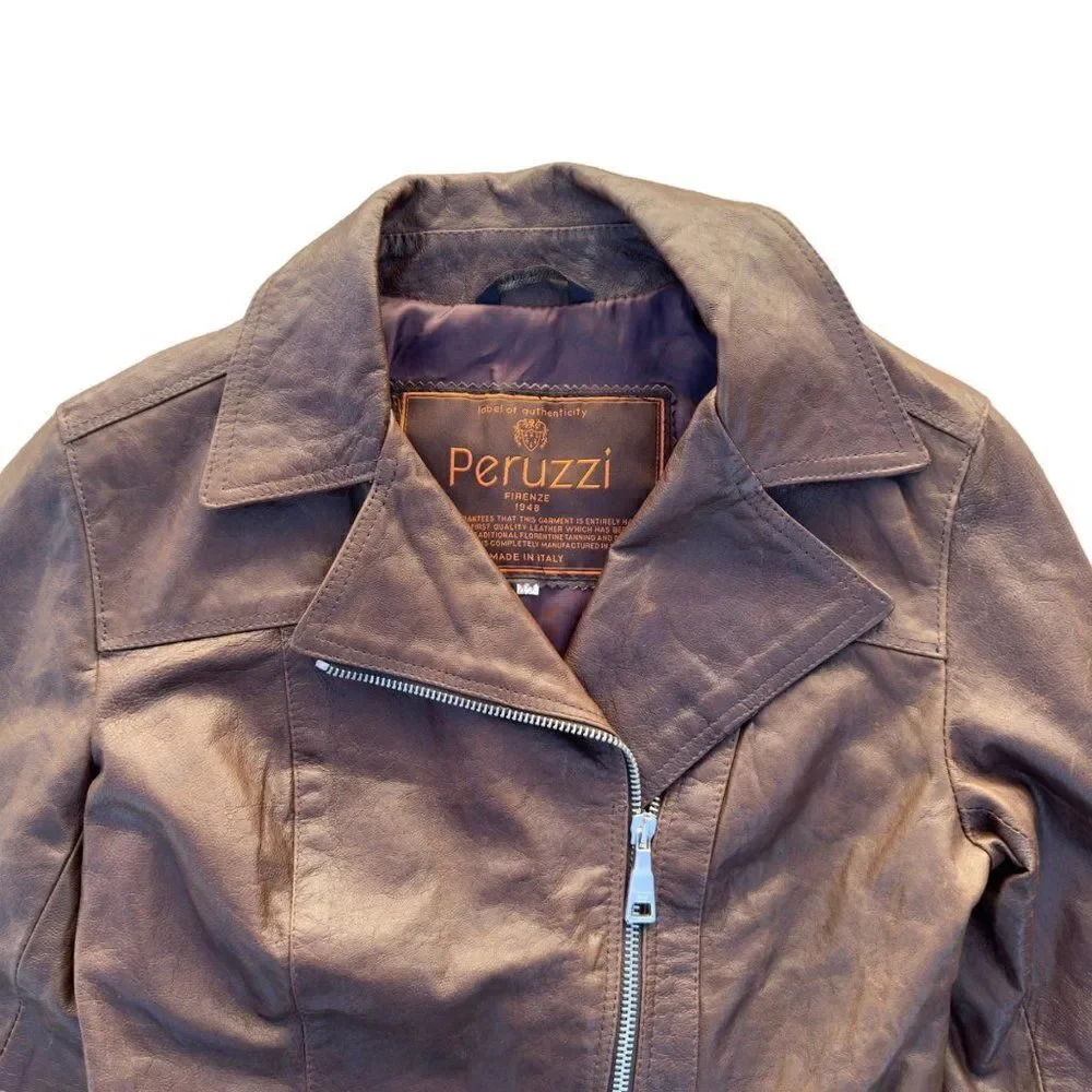 Peruzzi Vera Pelle‎ Leather Italian Made Moto Style Jacket Brown Women's 2